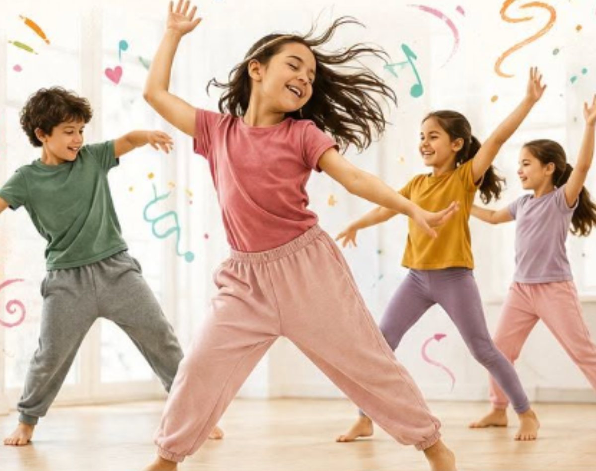 Quatre enfants dansent bras levés dans une salle lumineuse au cours de Danse Expressive et Créative