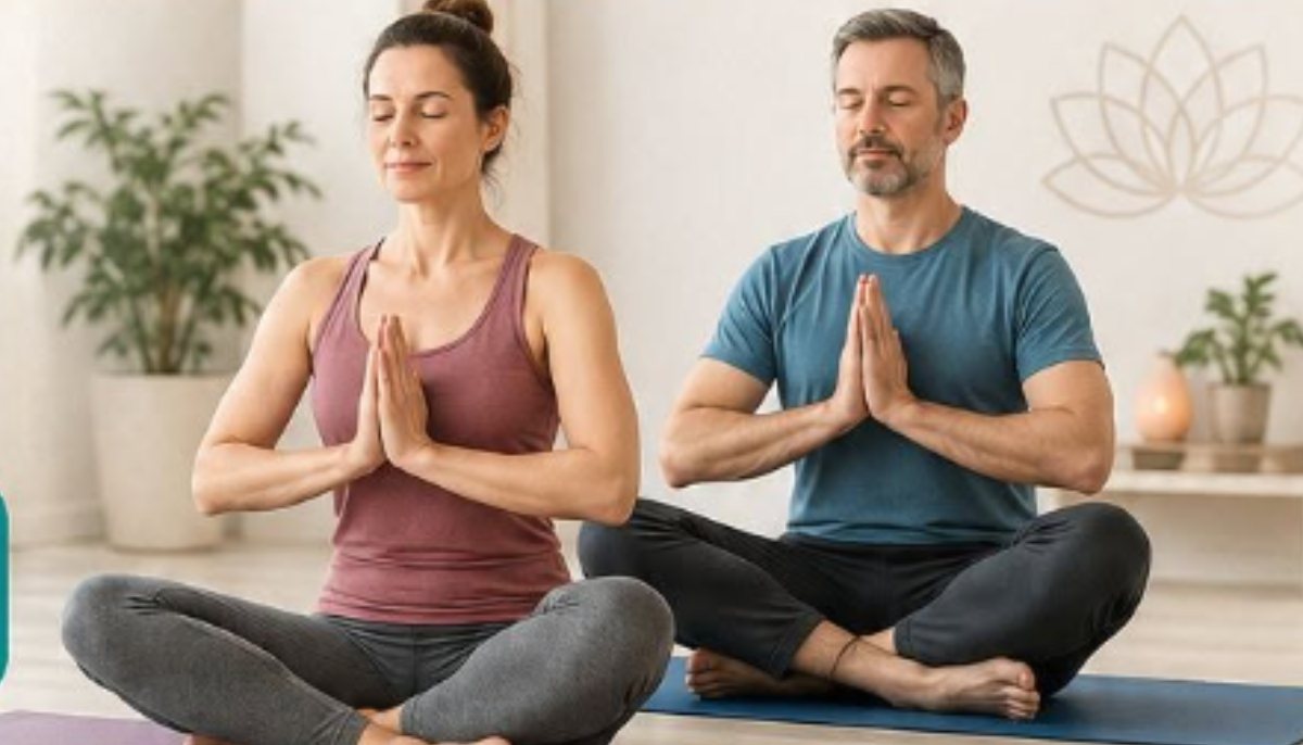 Une femme et un homme assis en tailleur, mains jointes, pendant un cours de Yoga Thérapeutique